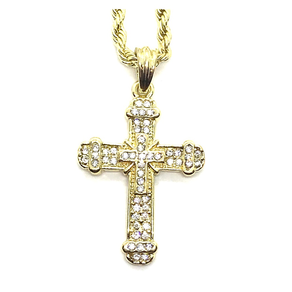 14k Gold Tone Men Diamond Cross 24” Necklace Chain